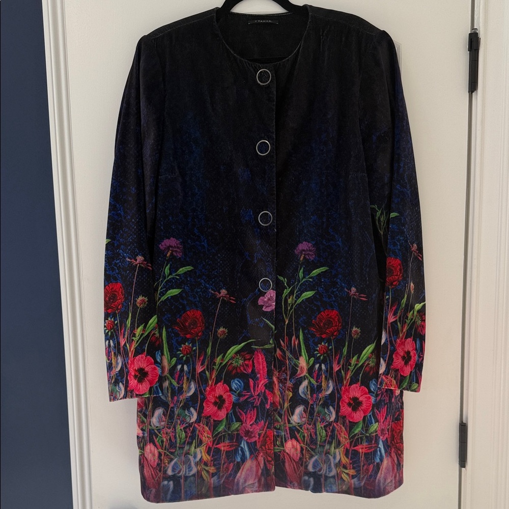T Tahari Navy Blue Long-Sleeve Floral Hem Coat